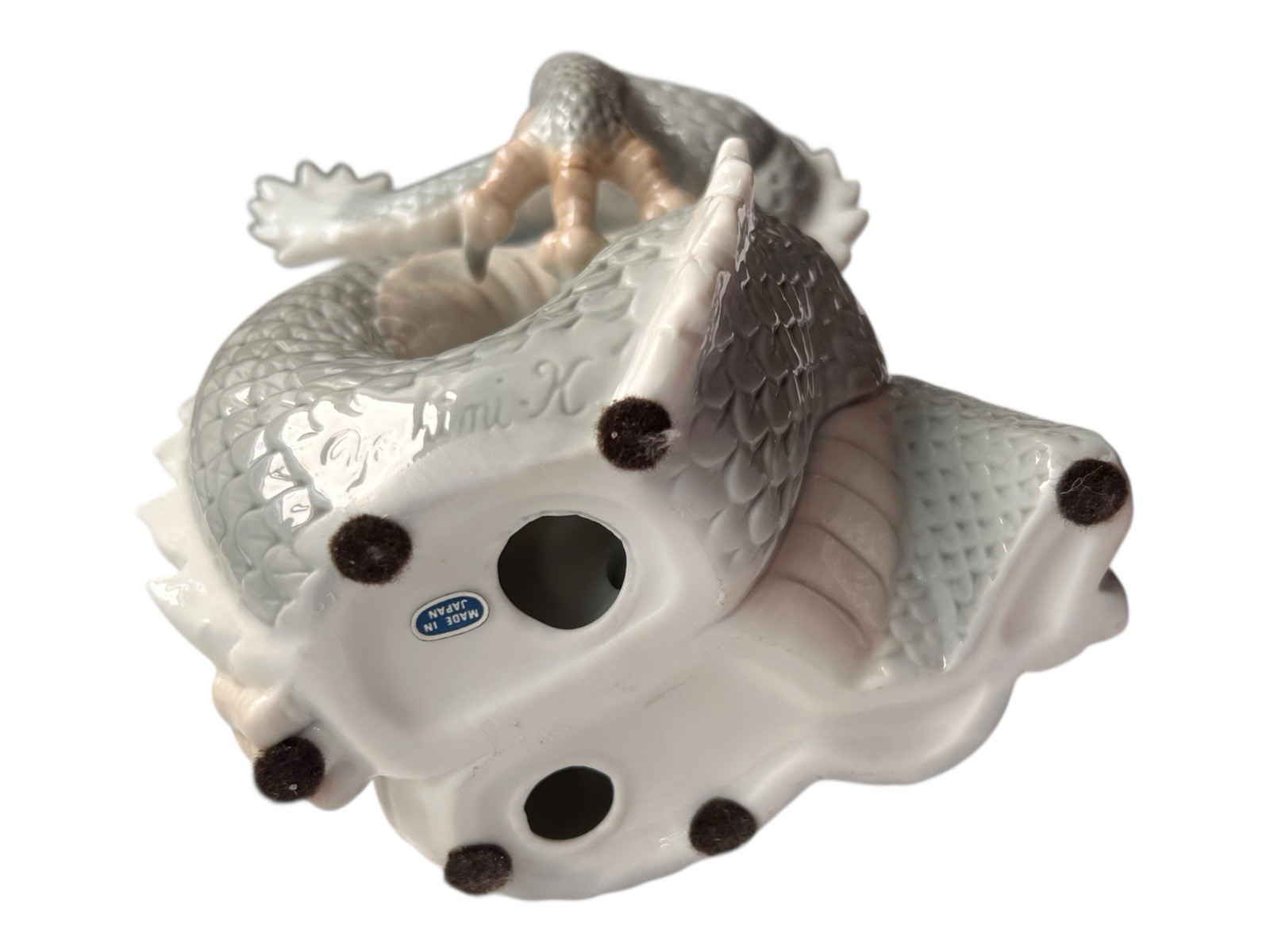 Dragon Yoshimi K Foo Porcelain Figurine w/Ball Japan 8”T 5.5”L Vintage Blue/Gray