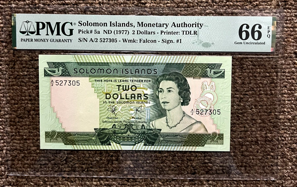 1977 SOLOMON ISLANDS MONETARY AUTHORITY 2 DOLLARS BANK NOTE PMG 66 GEM UNC