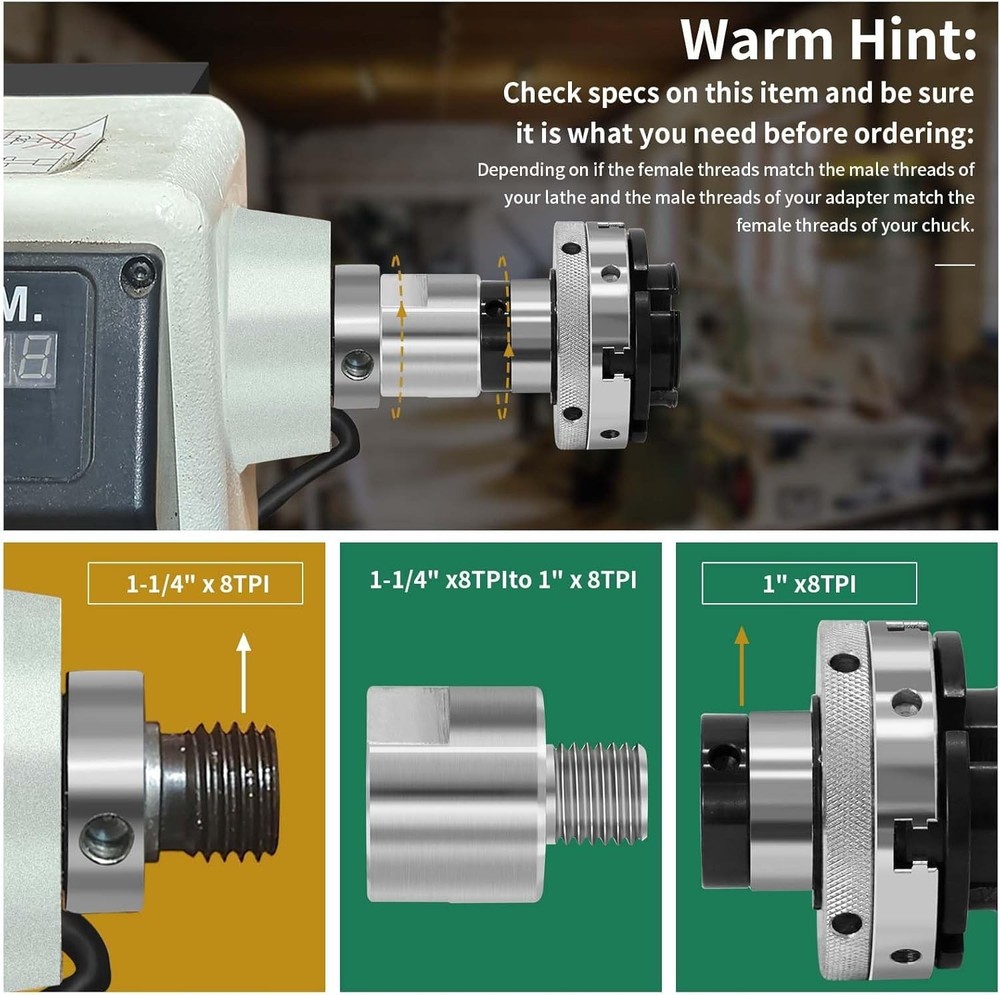 Versatile 1-1/4" x 8TPI to 1" x 8TPI Adapter for Enhanced Lathe Functionality