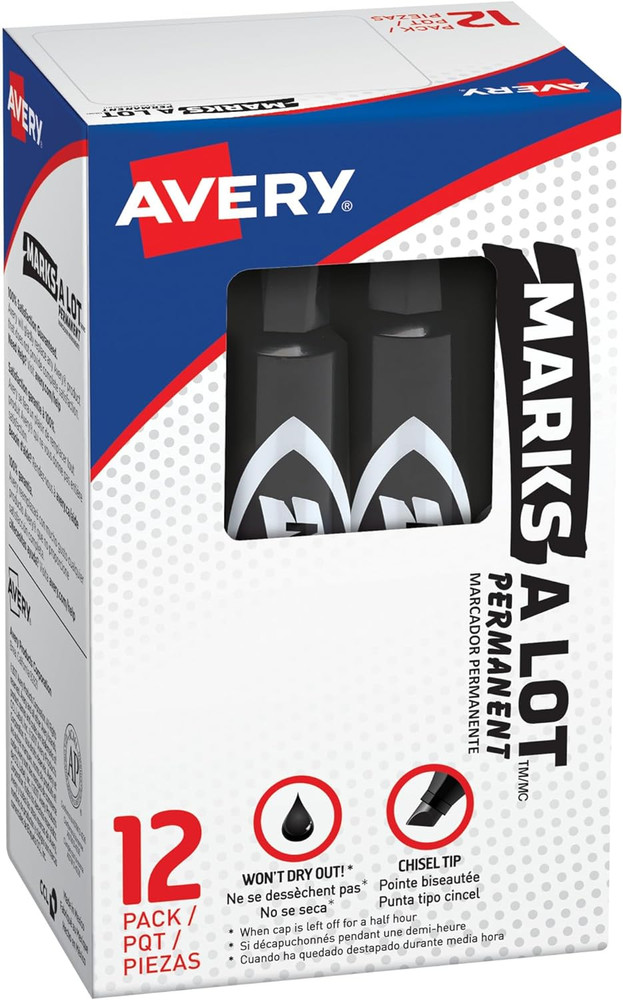 Marks-A-Lot Regular Desk-Style Size Chisel Tip, 12 Black Permanent Markers Are