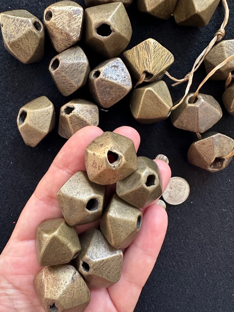(B) 2 Large Antique Gond India Brass Hexagonal Beads