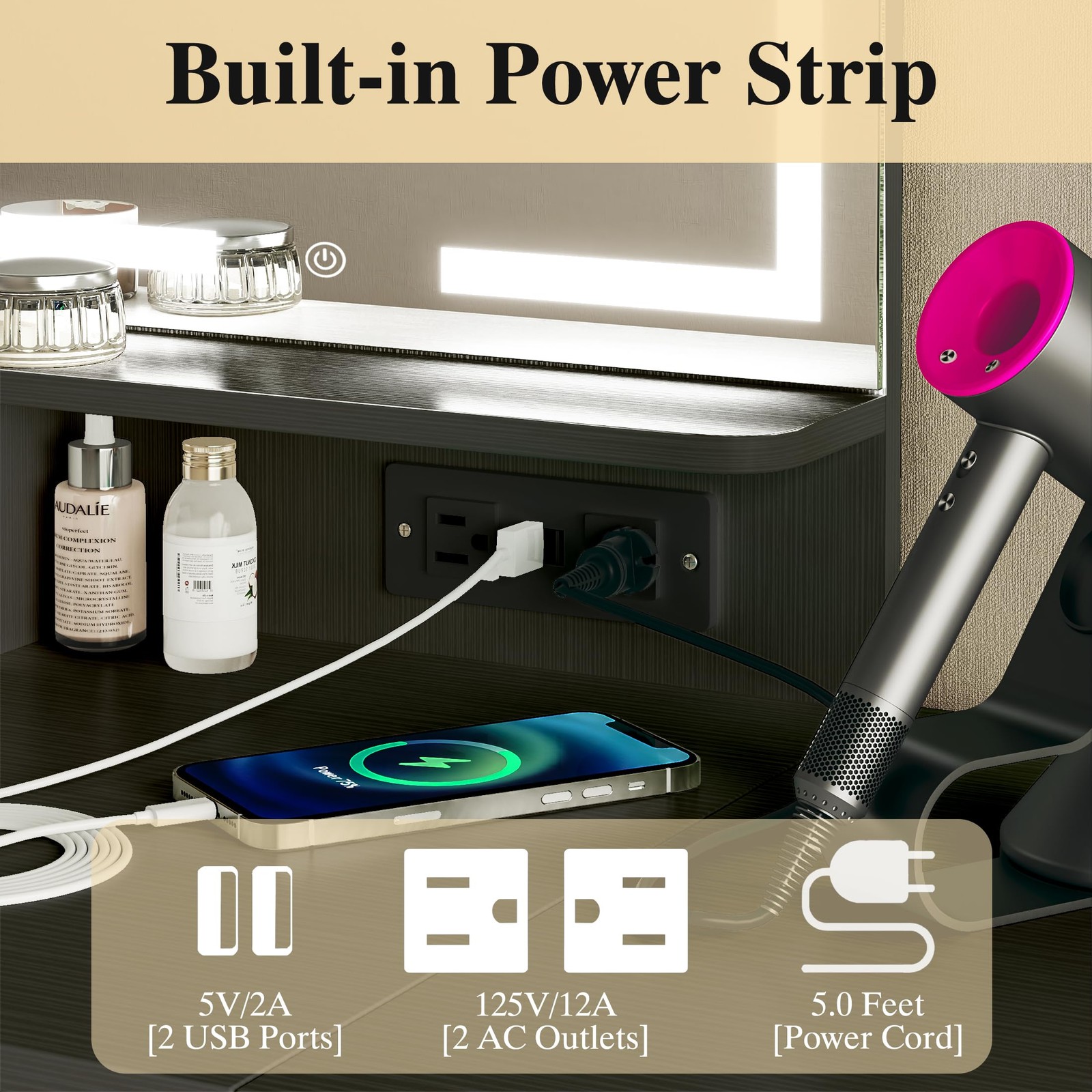 Makeup Vanity Desk with Mirror and Lights, Small Vanity with Chair & Shelves