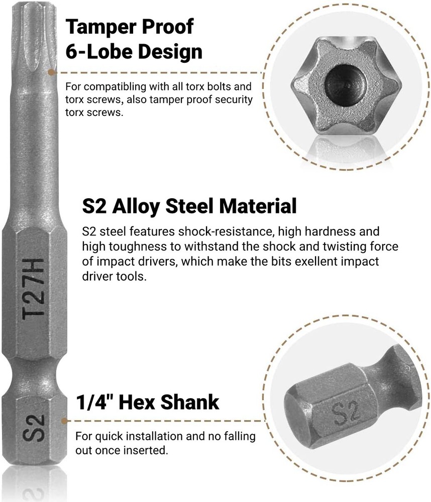 12x Tamper Proof Star Impact Driver Bit Set Security Screwdriver Bits Hex Shank
