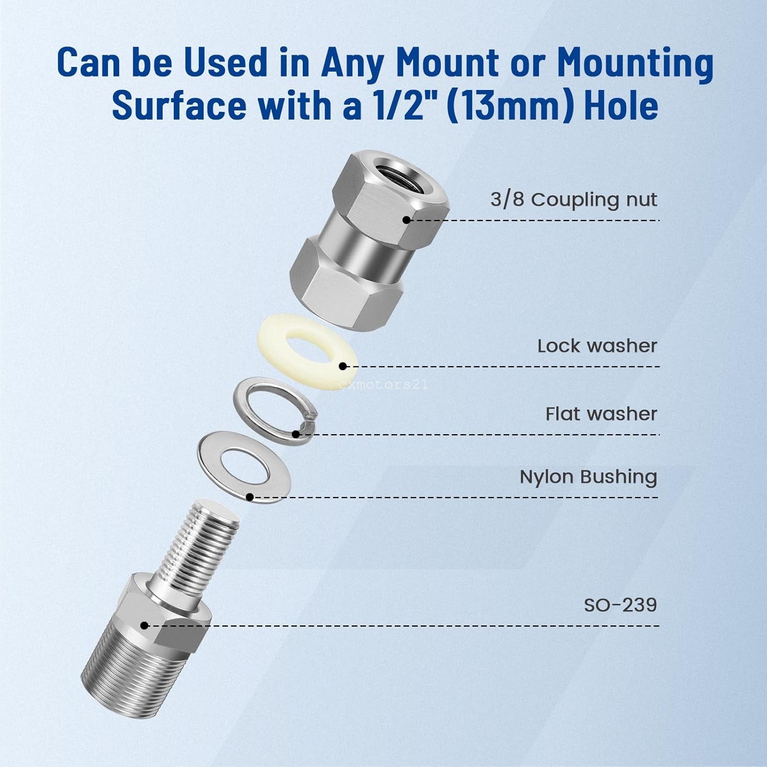 CB Antenna Stud Mount Adapter 3/8"x24 to SO-239 UHF Female Dual Hex Nut for Jeep