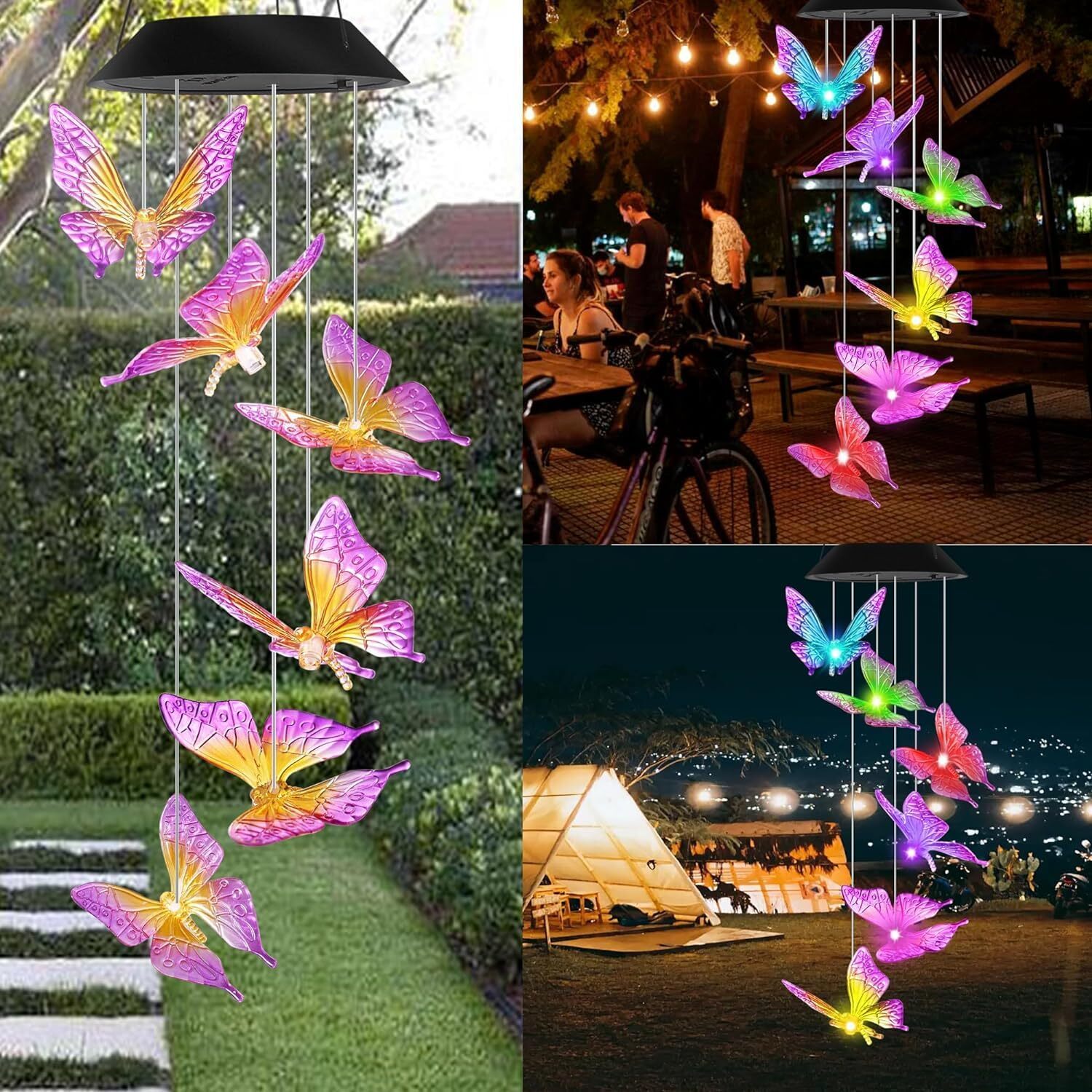 Solar Wind Chimes Lights LED Color Changing Hanging Butterfly Garden Decor Lamp