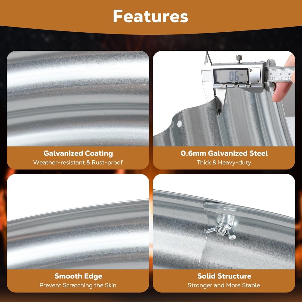 24 Inch Round Galvanized Fire Pit Ring, Silver Round Galvanized Fire Ring, 2 Fee