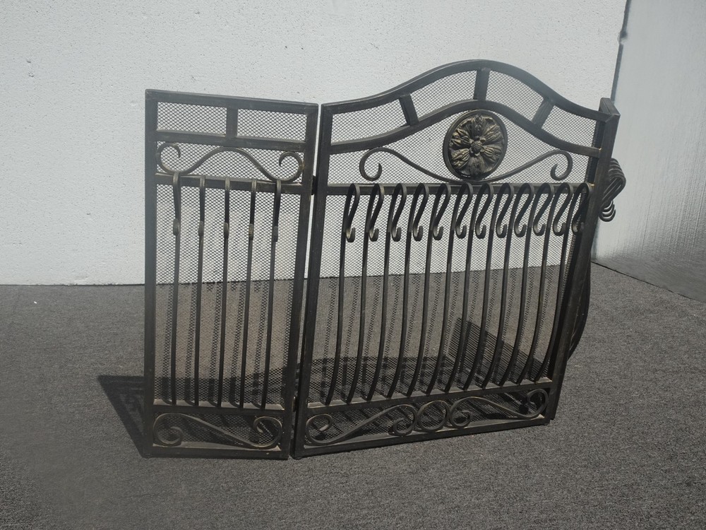Vintage Spanish Style Black Iron Three Panel Fireplace Screen