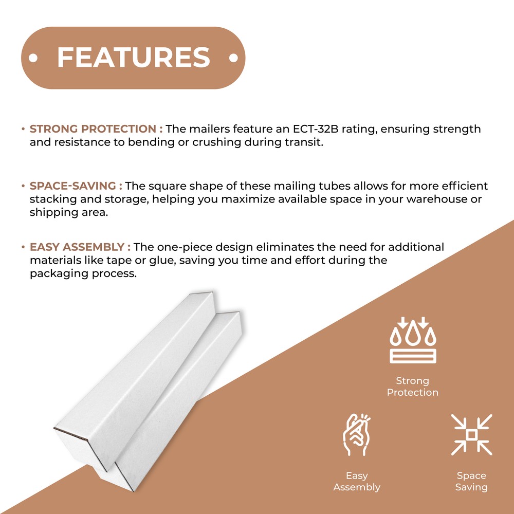2 x 2 x 25" White Square Mailing Tubes ECT-32B 50/Case