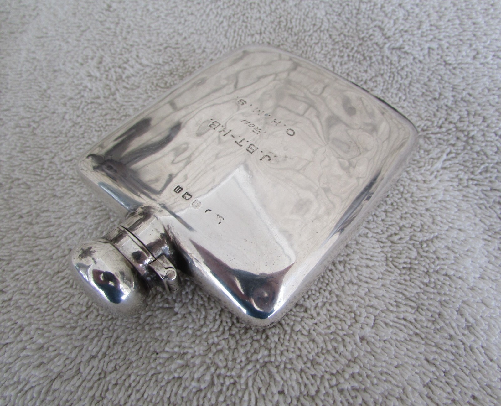 Vintage Sterling Silver 4x3 inch Hip Flask Engraved / has a Hallmark marking