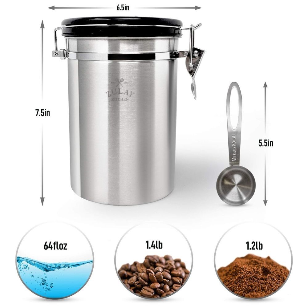 Zulay Airtight Coffee Canister Stainless Steel with Scoop & Date Tracker