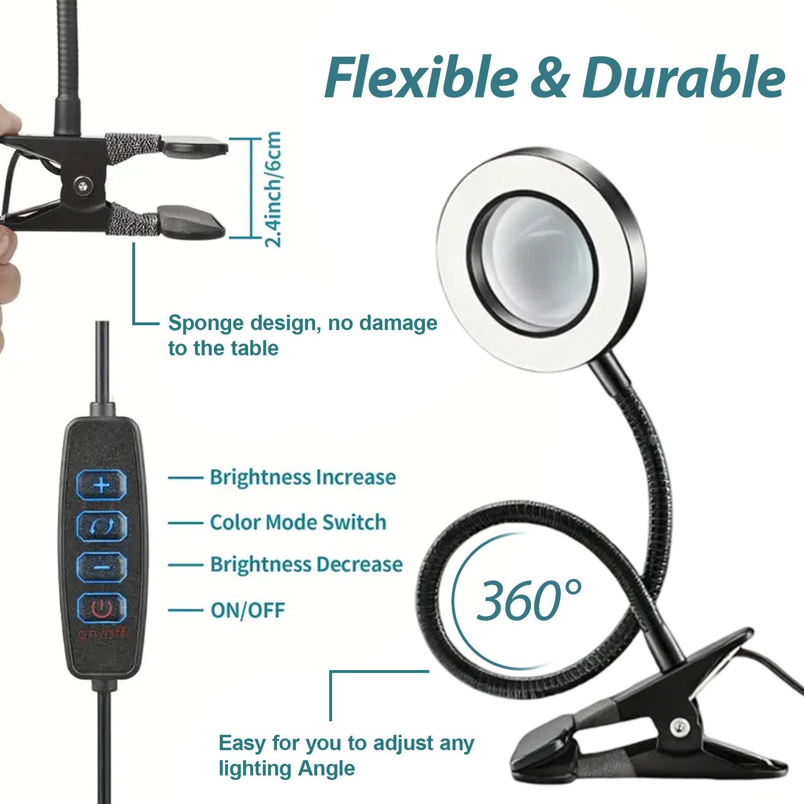 10X Magnifying Glass with Light Clip On Desk Magnifier 48 LED 3 Modes Dimmable