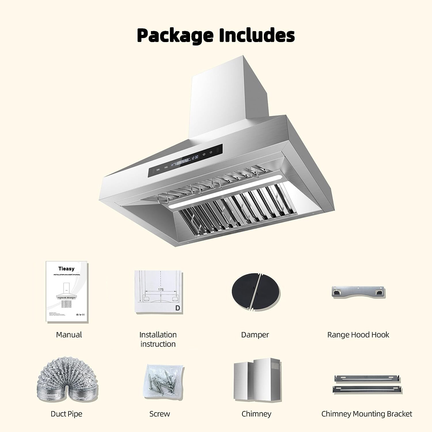 30inch Wall Mount Kitchen Range Hood Stainless Steel 900CFM 9Speed Touch Control