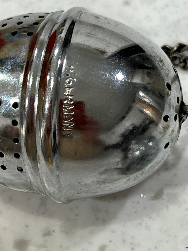 Vintage Set 2 Tea Strainers Infuser On Chains, Round And Teapot Shape