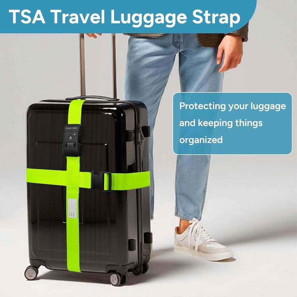 3-Digit Combination Lock Luggage Straps, Green, 2 Pack