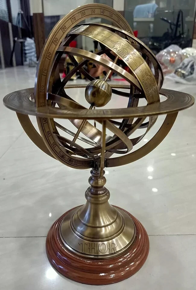 Engraved Brass Tabletop Armillary Nautical Sphere World Globe With Base Table.