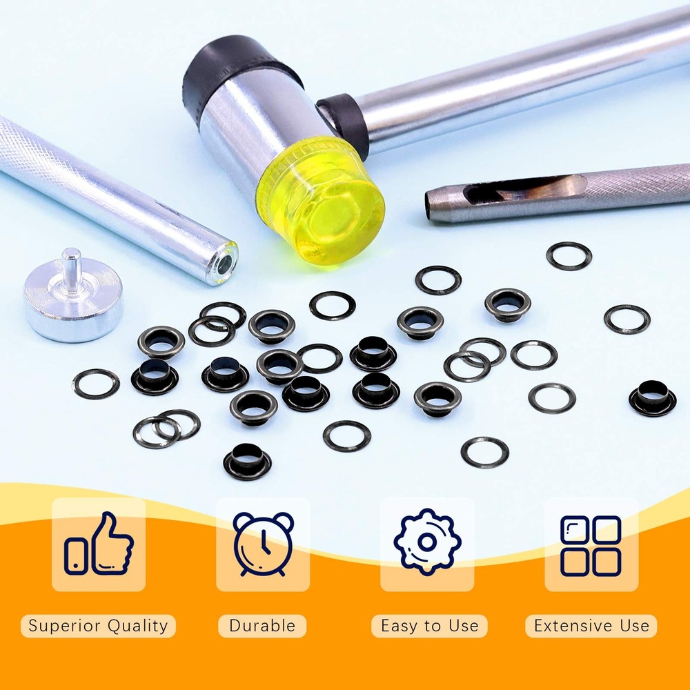 Rustark 200 Sets 1/4 Inch Black Grommet Assortment Kit with Pcs Setting Install