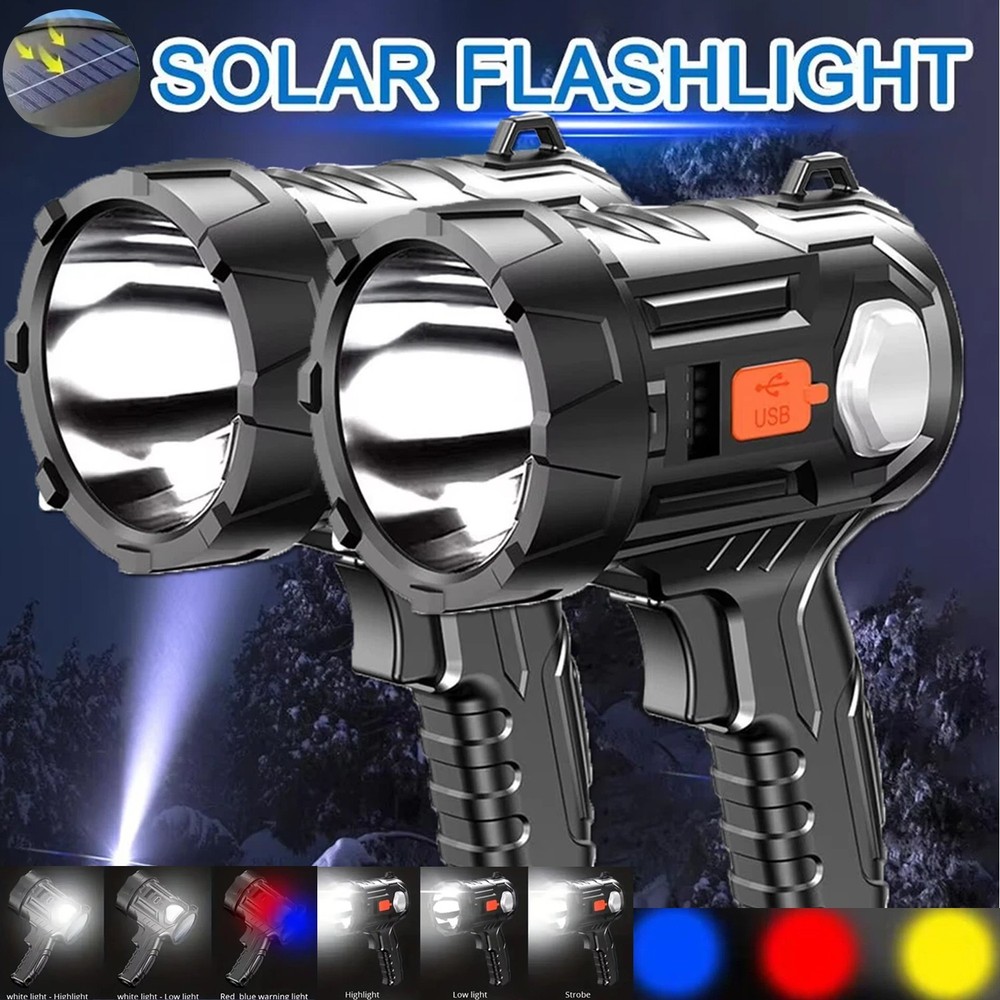 2Pack Solar/USB Super Bright Rechargeable LED Spotlight Flashlight Searchlight