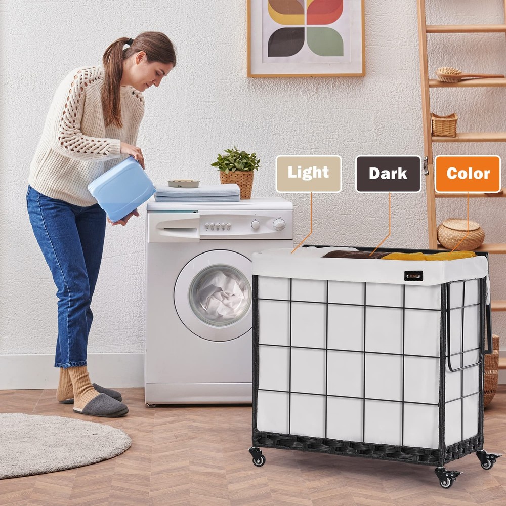 Laundry Hamper with Heavy Duty Caster Wheels; 3 Sections Clothes Hamper with ...