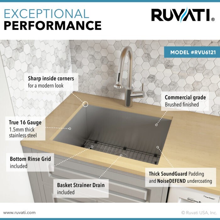 Ruvati 21″x18″x12″ Deep Laundry Utility Sink Undermount 16 Gauge - RVU6121