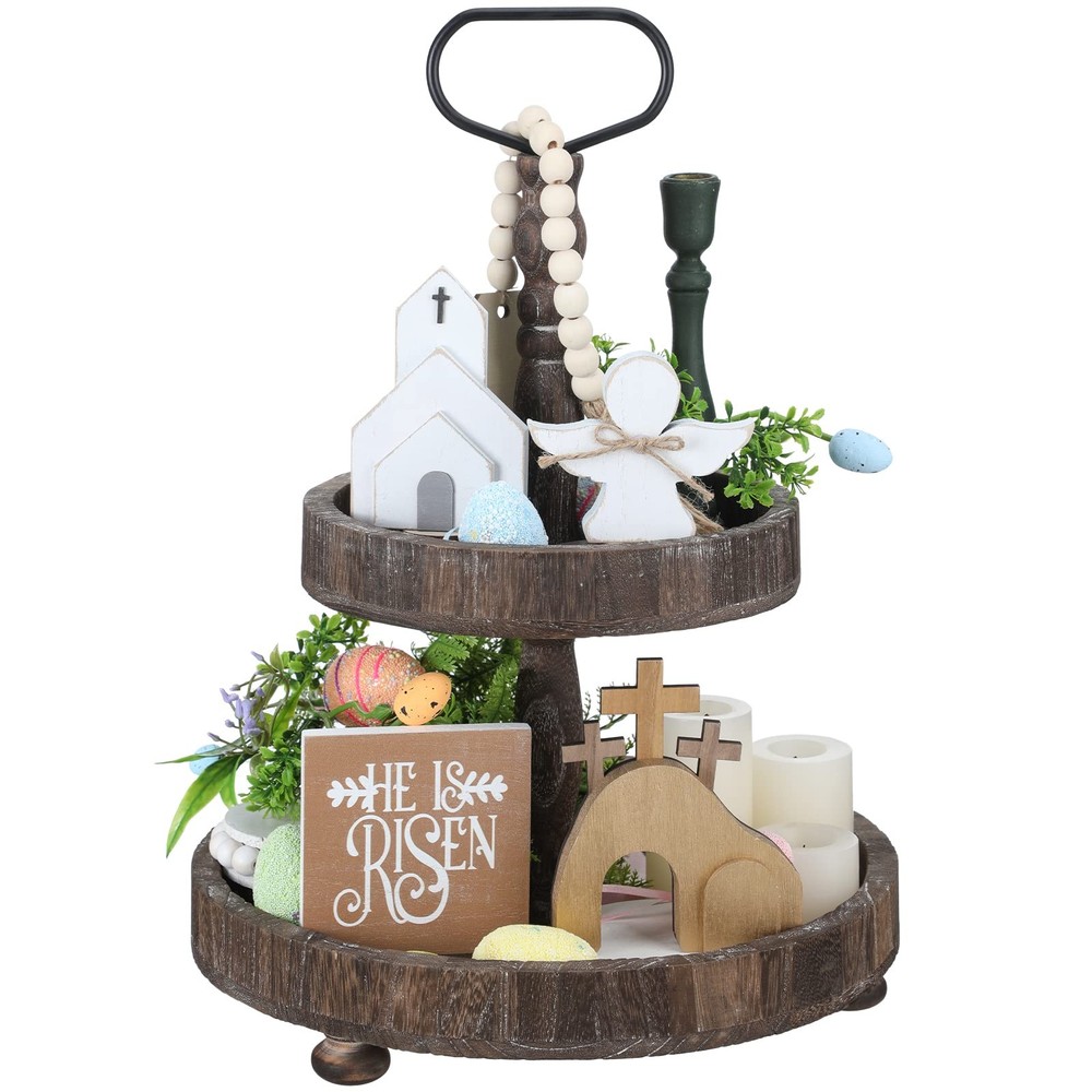 Glenmal 4 Pcs Easter Tiered Tray Decor He is Risen Religious Brown, White