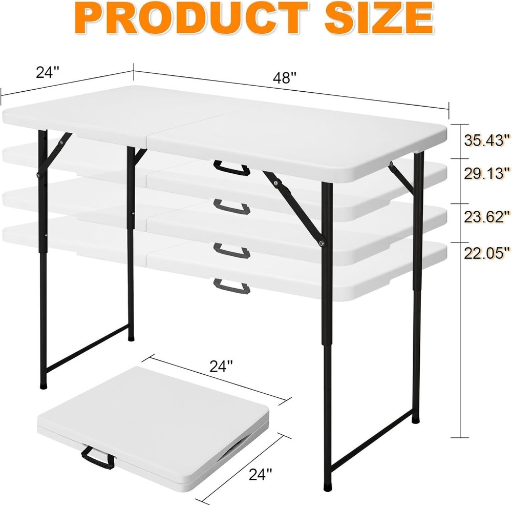 4ft Adjustable Height Utility Table - Durable HDPE & Steel Folding Table