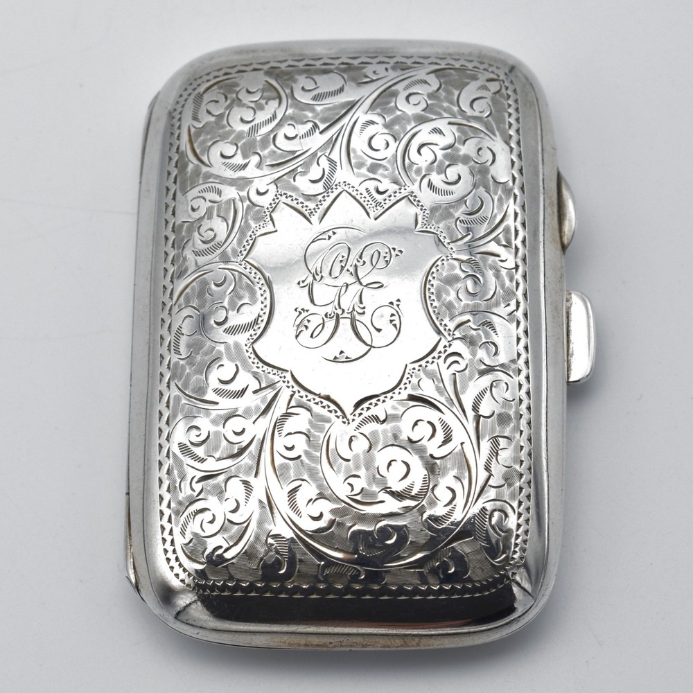 Antique Solid Silver Curved Cigarette Case 1906 Patterned Scroll Engraved Edward