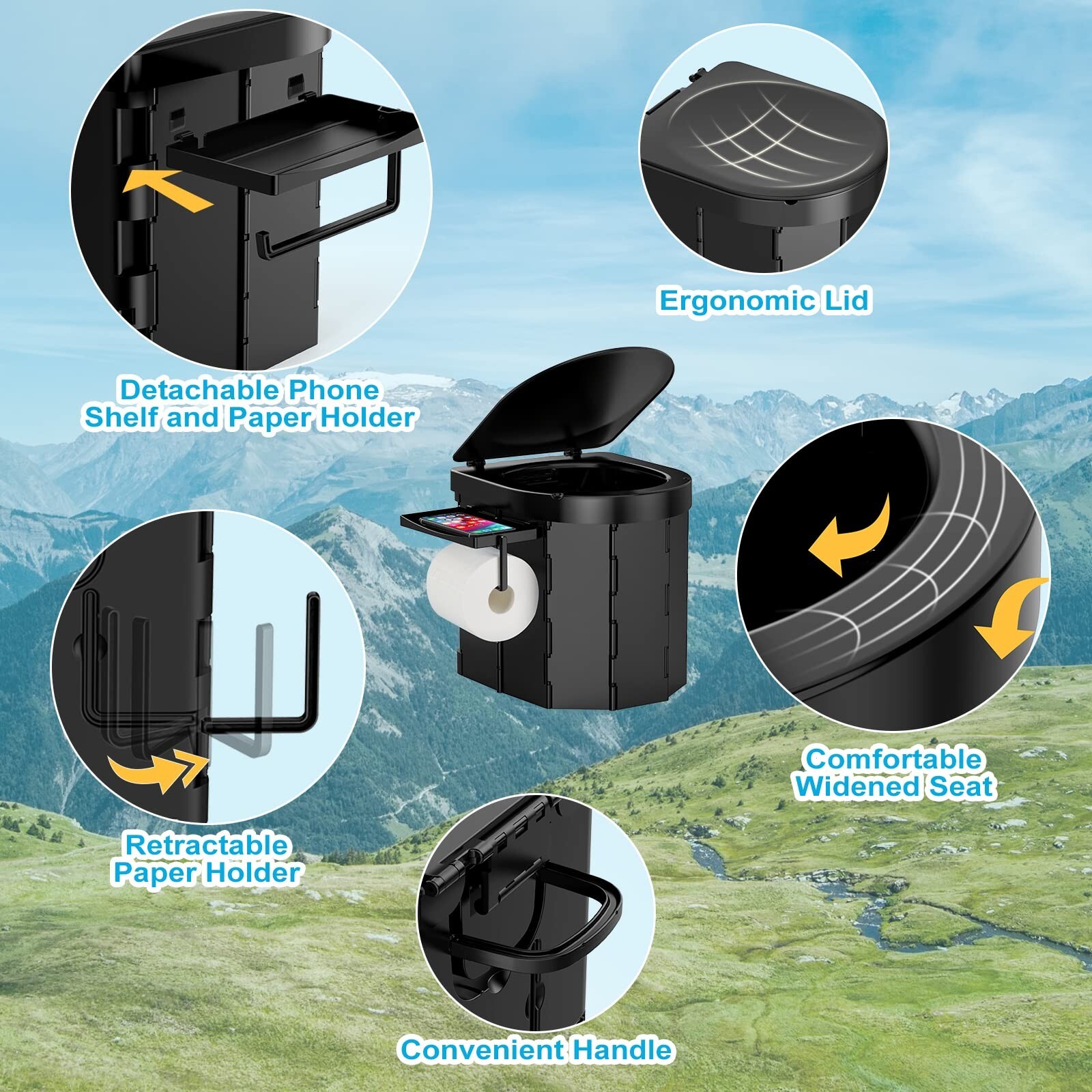 Portable Camping Toilet with Detachable Phone Shelf and Toilet Paper Holder