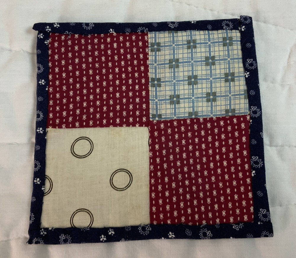 Vintage Patchwork Mini Quilt Table Topper, Four Patch, Blue, Burgundy