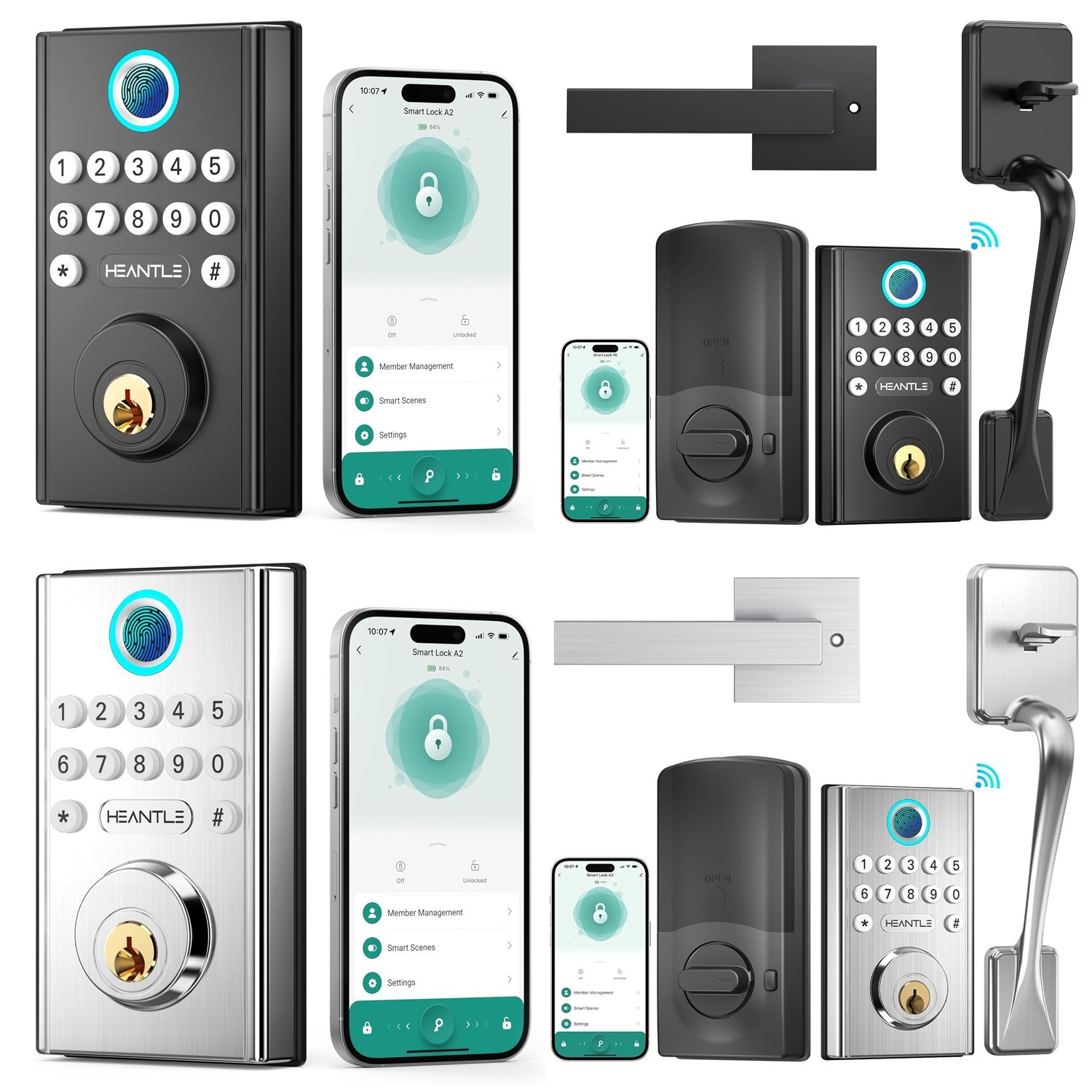 HEANTLE WiFi Front Door Lock Set with Handle Fingerprint Keyless Smart Deadbolt