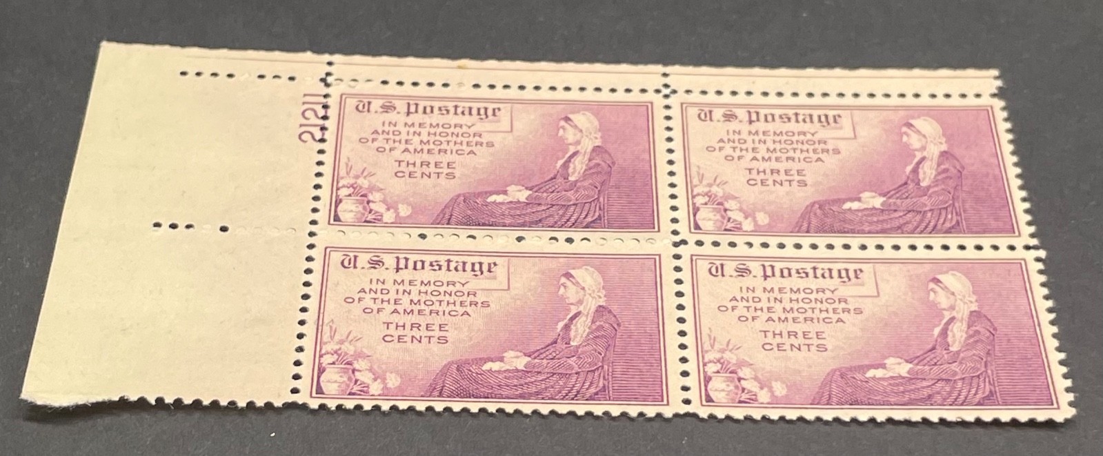 US 737 3c Mothers of America unused plate block of four never hinged 1934