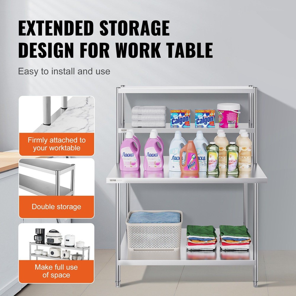 12 x 48" Double Deck Overshelf Prep Work Table Height Adjustable Overshelf