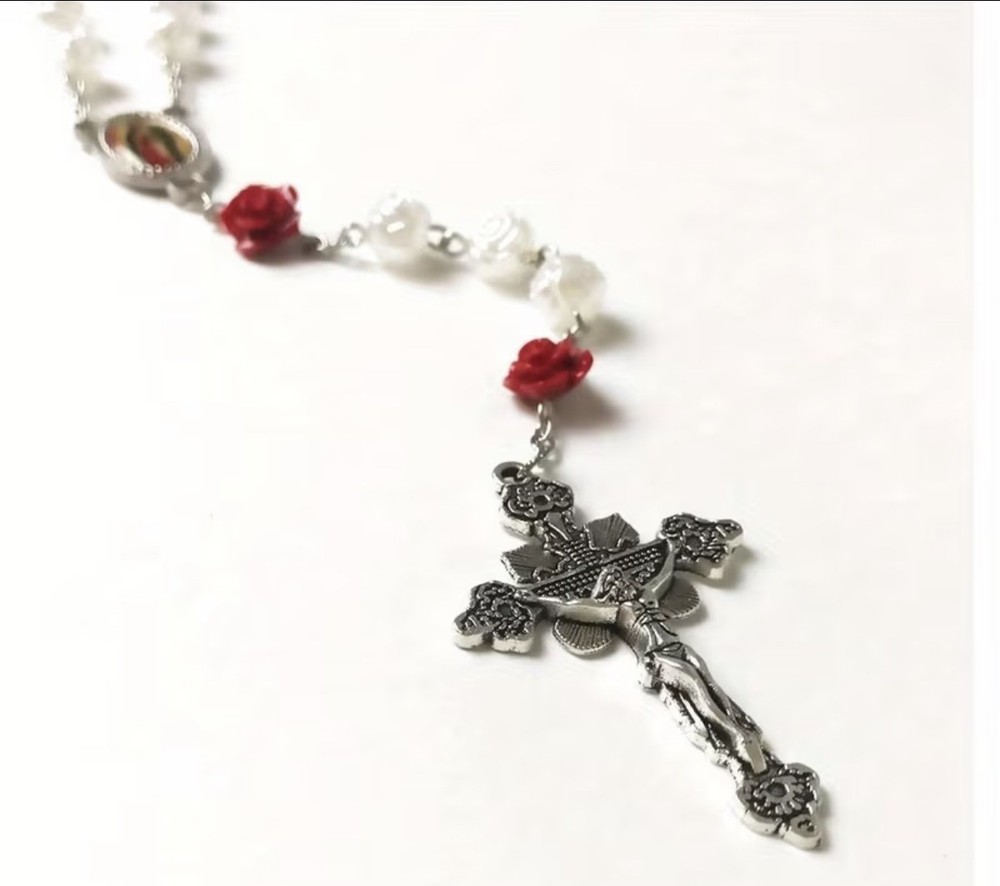 Long White And Red Rose Catholic Rosary