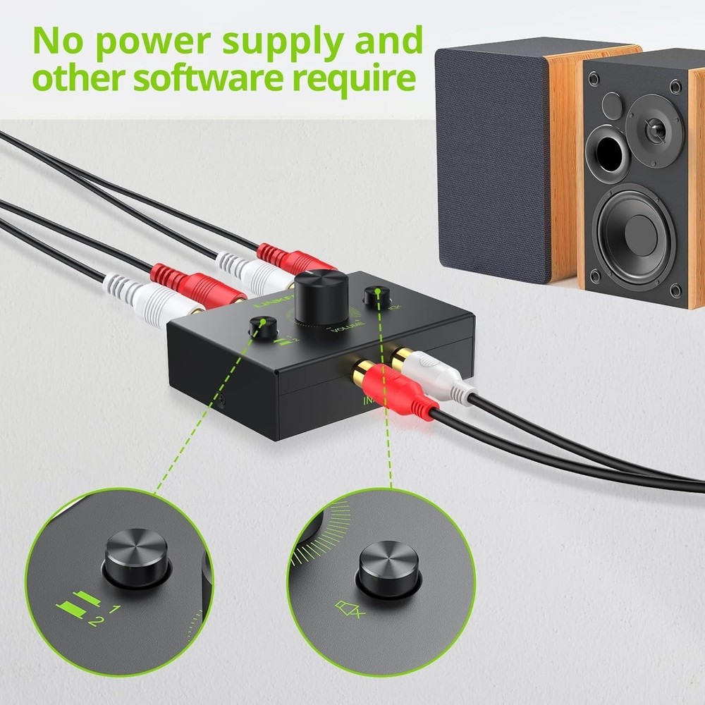 High-Quality RCA Stereo Switch with Built-In Volume Control & Simple Setup