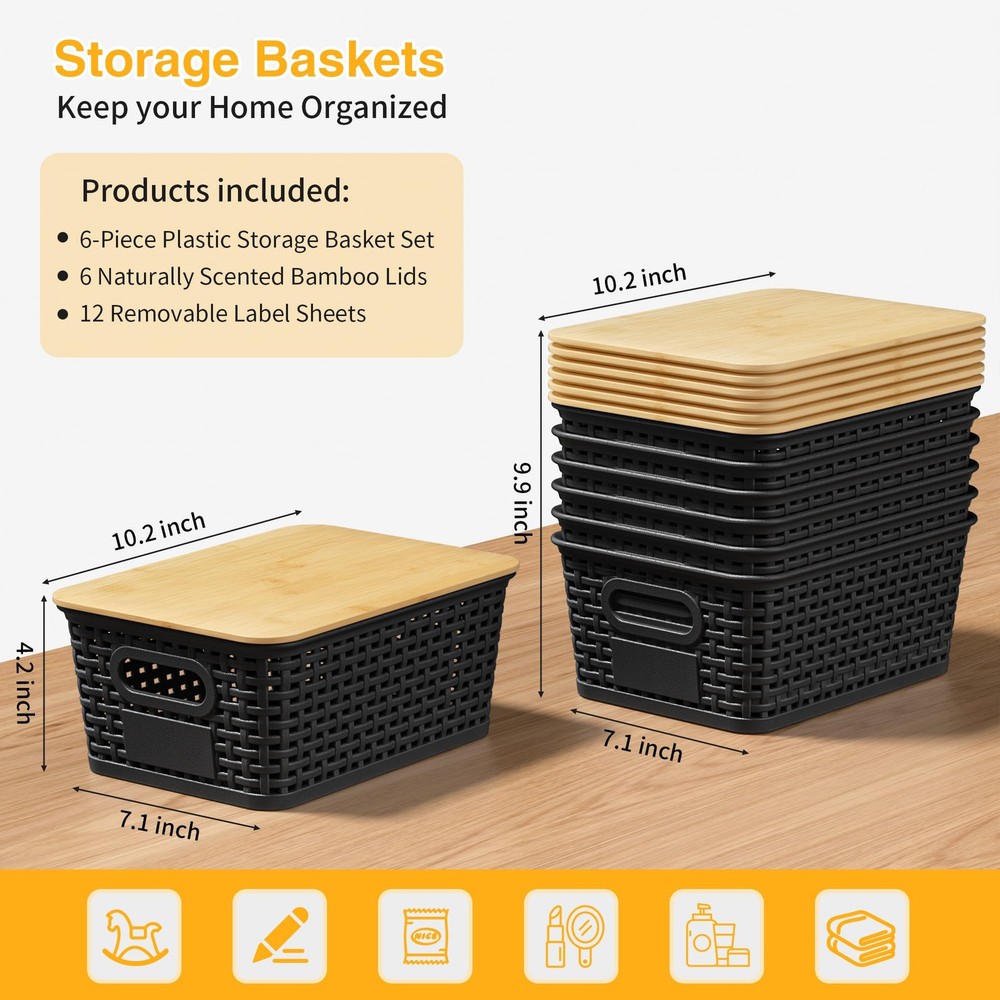 Plastic Storage Baskets with Bamboo Lids and Labels, Stackable Storage Contai...