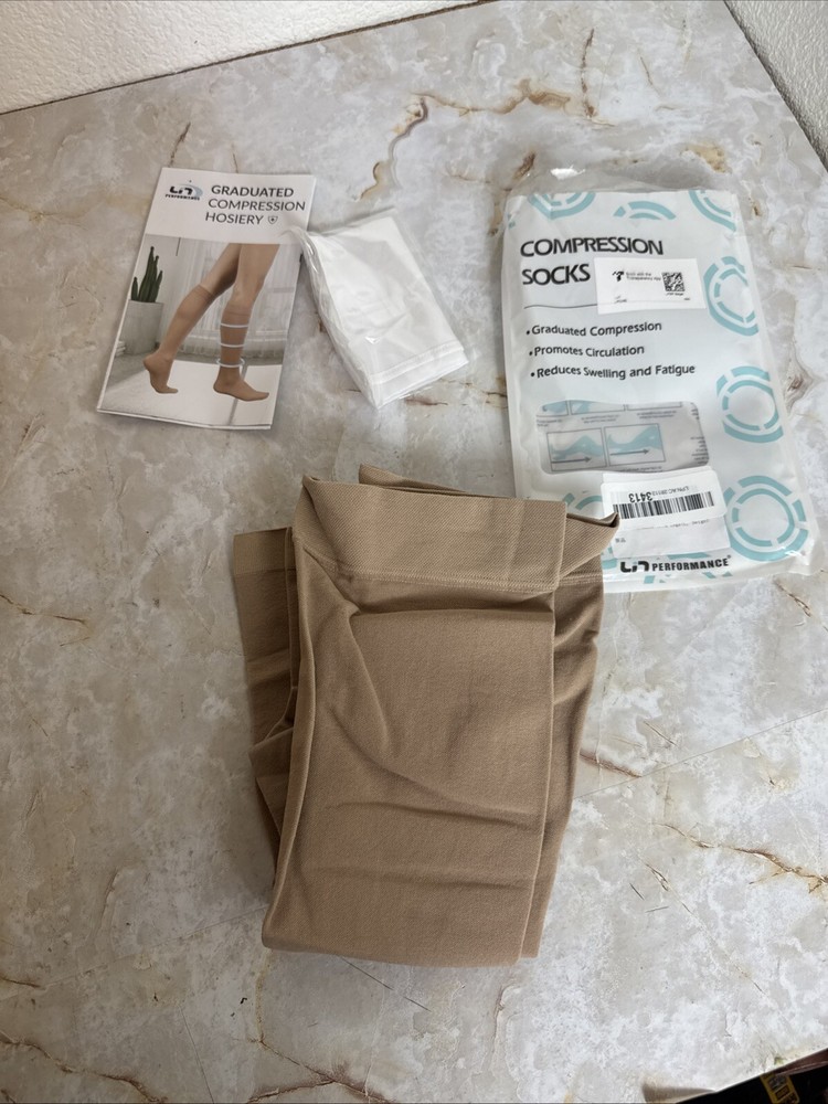 Lin Performance Graduated Open Toe Knee High Compression Socks Sz L Beige