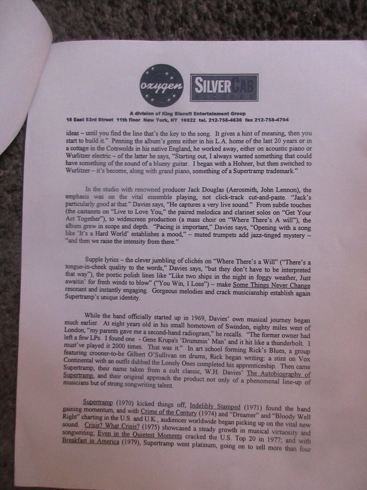 SUPERTRAMP "SOME THINGS NEVER CHANGE" 1997 OXYGEN/SILVERCAB 3 PAGE PRESS KIT