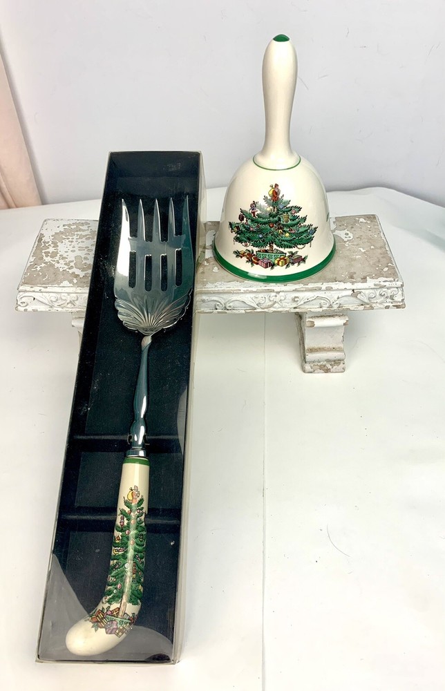 Spode Christmas Tree Handled Dinner Bell & Meat Fork In Box EUC