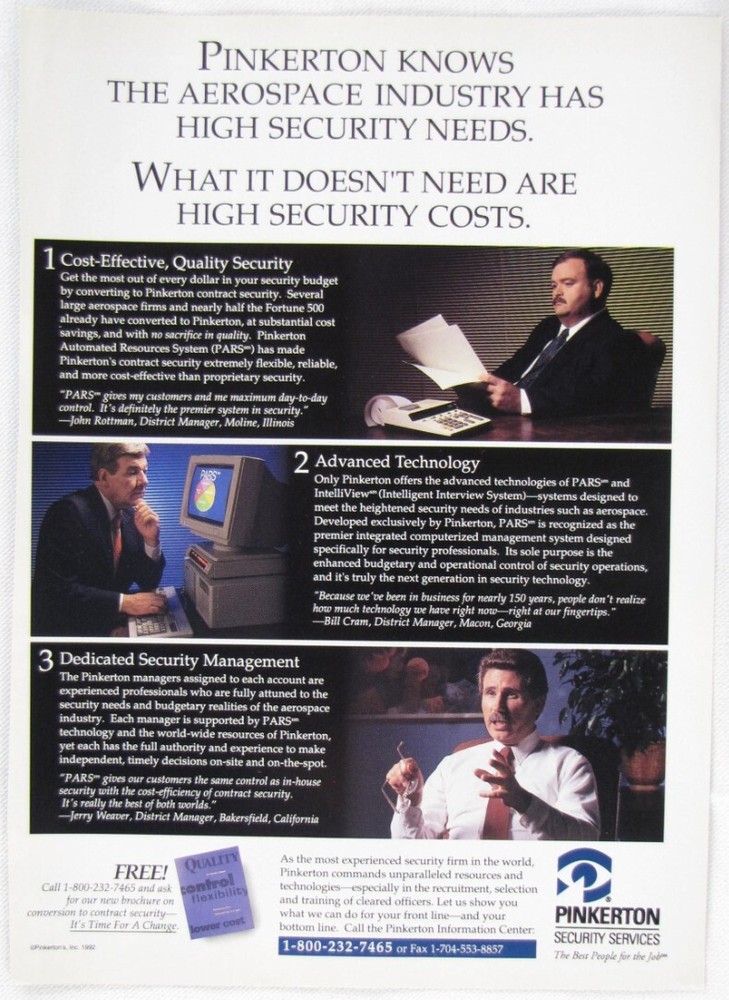Vintage 1992 Pinkerton Security Services Print Ad