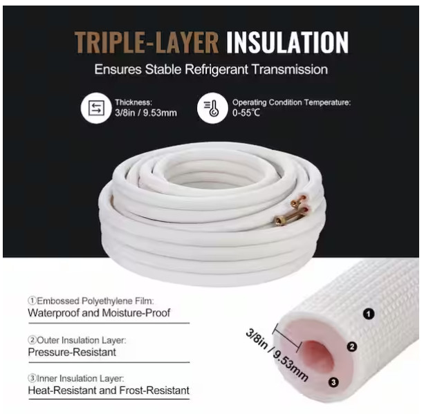 Vevor 1/4"x3/8"x16ft Copper Ductless Mini Split Line Connection Set Insulated