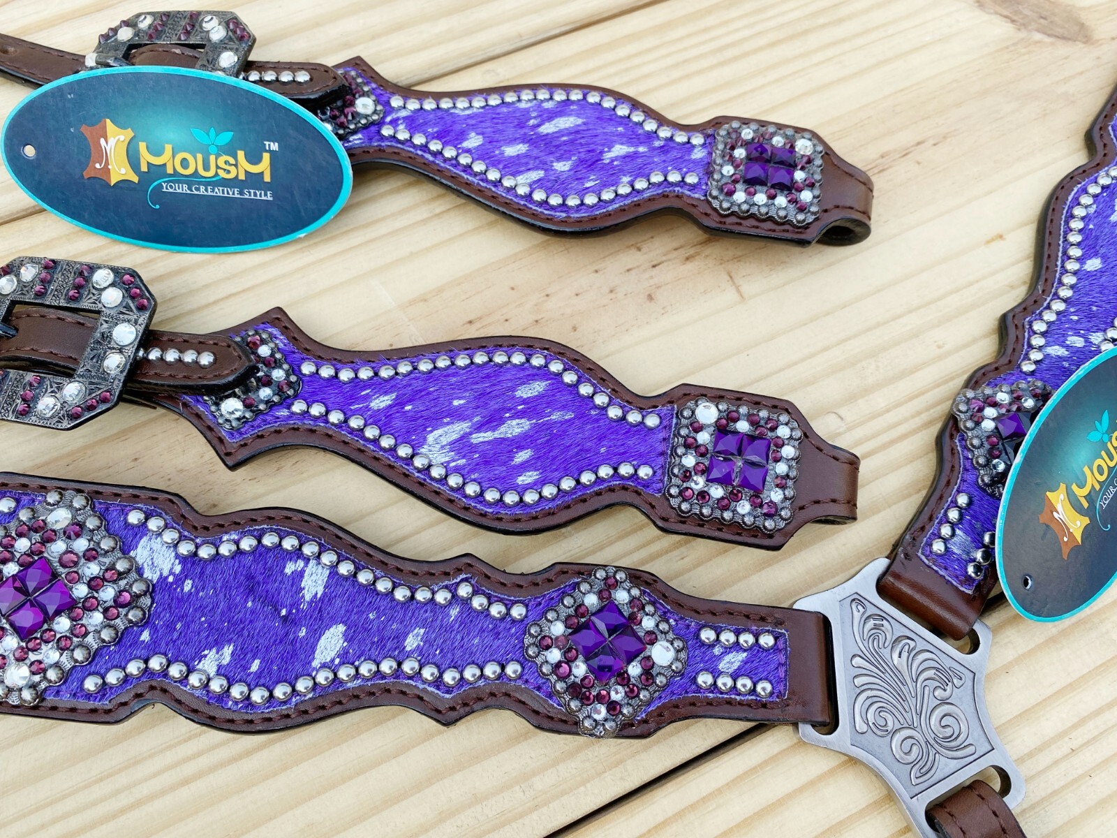 MOUSM Western Leather Headstall and Breast Collar Tack Set for Horses - Purple