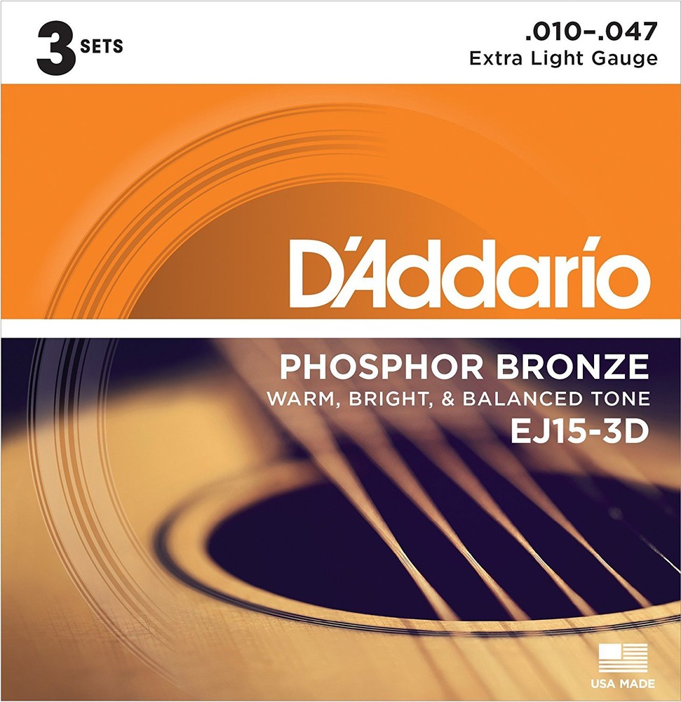 3 Set D'Addario EJ15 Acoustic Guitar Strings Extra Light Phosphor Bronze EJ15-3D