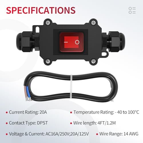 Inline Switch 20A 125V AC DPST Inline Cord Switch Waterproof IP66 with Red Li...