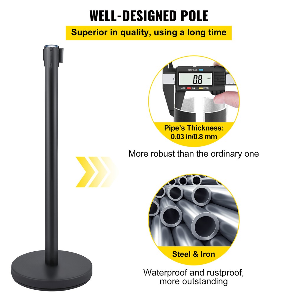 6 PCS Crowd Control Stanchion Barrier Queue Post Set w/ 6.6 ft Black Belt