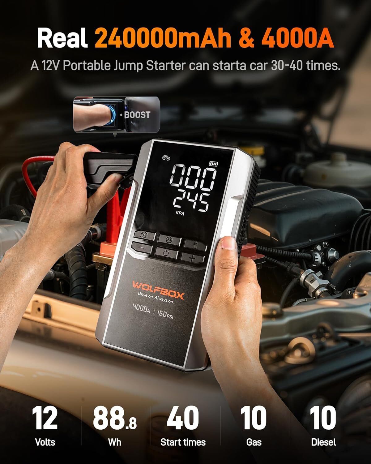 WOLFBOX Jump Starter with Air Compressor, 4000A Portable Car Battery Booster