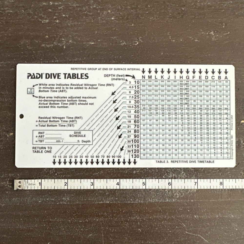 PADI DIVE TABLES - 1981 Plastic Waterproof - Free Shipping
