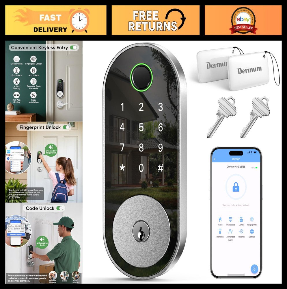 Keyless Entry Fingerprint Smart Door Lock - Deadbolt with Code, App, FOB & Remot