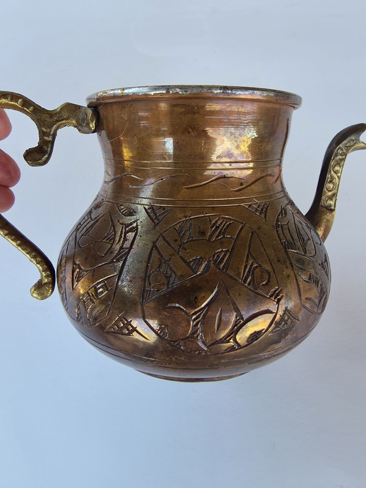 Antique Tinned Copper Ewer Hand Hammered Islamic Middle Eastern Pitcher