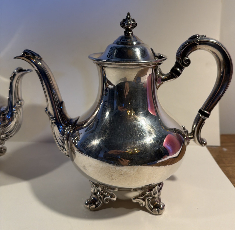 Reed & Barton Regent 5600 Silverplate Tea Coffee Pot Set Footed Vintage
