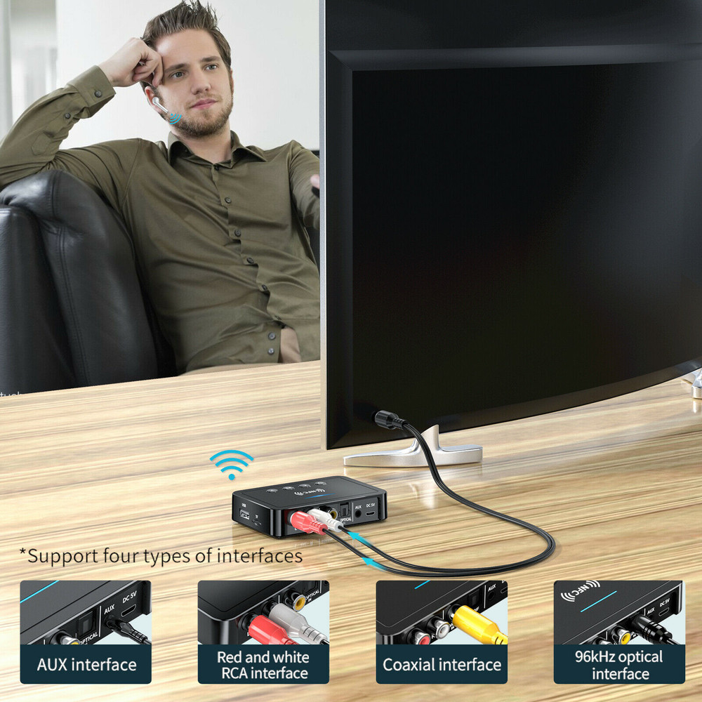 Bluetooth 5.0 Transmitter Receiver Wireless 3.5mm Adapter AUX NFC to 2 RCA Audio