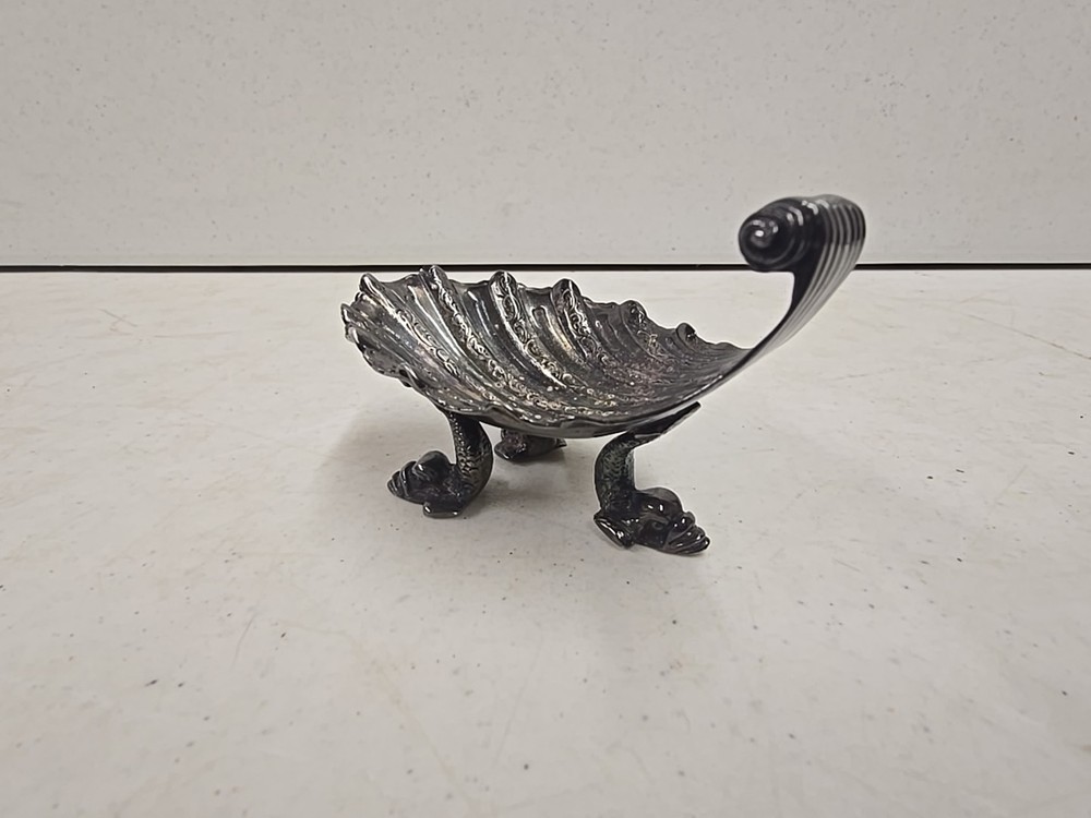 Antique Victorian Scroll Handle Dolphin Footed Silver Shell Dish Salt Dip